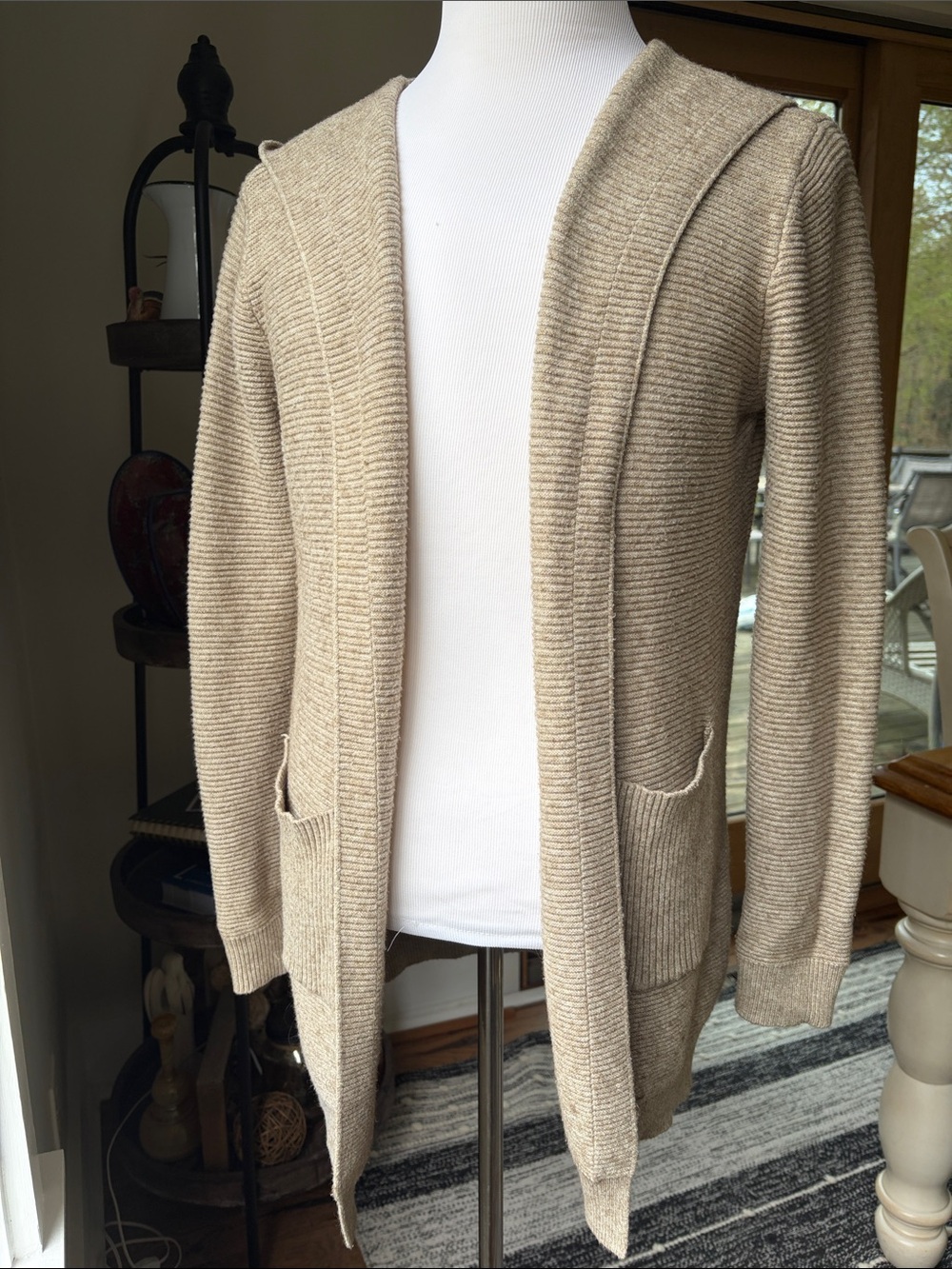 Pinch Hooded Ribbed Cardigan in Beige Taupe